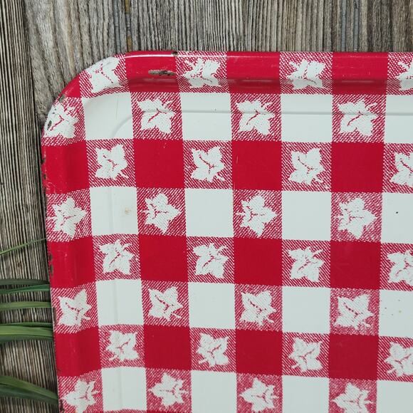 Vintage Gingham & Leaf Tray, Red White Checked, Lap TV Tray, Country Decor - Picture 5 of 6